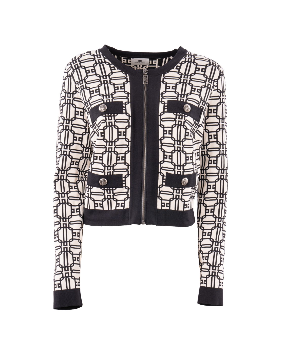 shop ELISABETTA FRANCHI  Maglia: Elisabetta Franchi cardigan cropped logo jacquard.
Stampa logo jacquard.
Maniche lunghe.
Scollo a giro.
Chiusura frontale con zip in metallo dorato con tiretto logo nel centro davanti e finiture in contrasto colore.
Vestibilità slim.
Composizione: 65% Viscosa 35% Poliammide.
Made in Italy.. MK32B47E2-E84 number 8224676